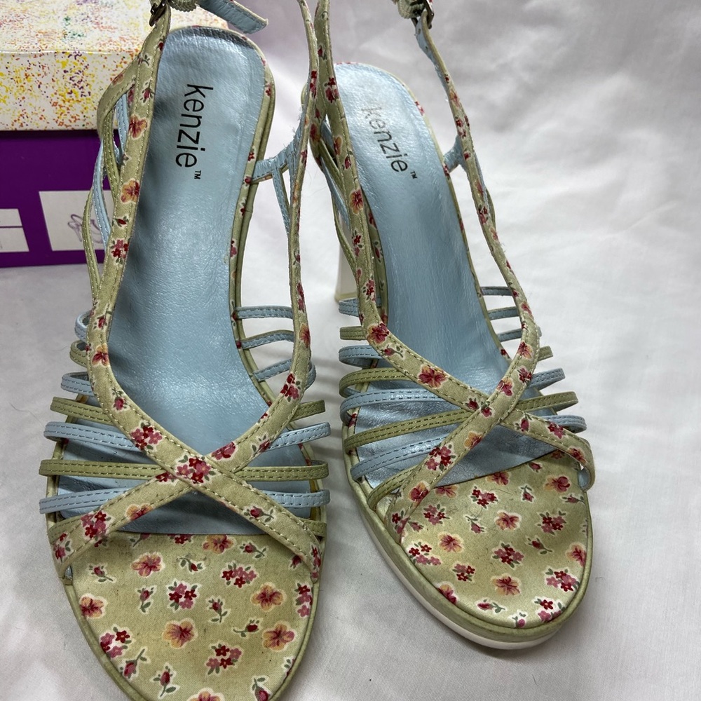Kenzie women’s green retro floral open toe sling back heeled sandals size 8.5